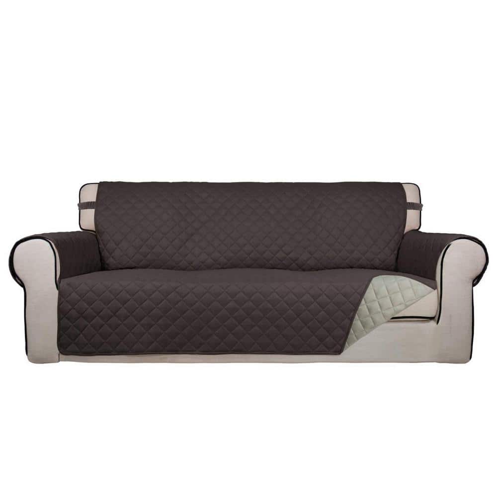 Chocolate and Beige Reversible Quilted Sofa Cover, Polyester Sofa Slipcover