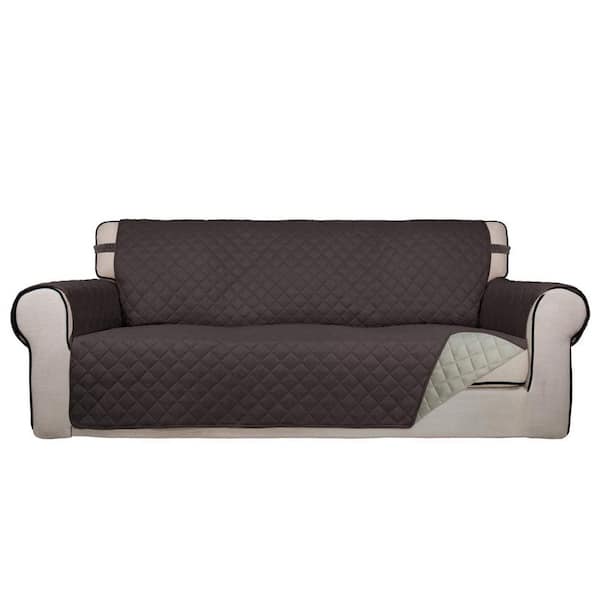 Angel Sar Chocolate and Beige Reversible Quilted Sofa Cover, Polyester Sofa Slipcover with Non-Slip Foam and Elastic Straps