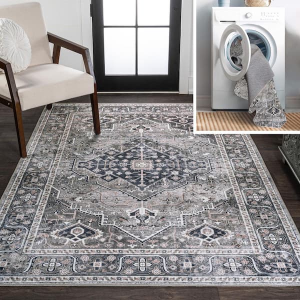 Alacati Ogee Medallion Machine-Washable Dark Gray/Light Gray 8 ft. x 10 ft. Area Rug