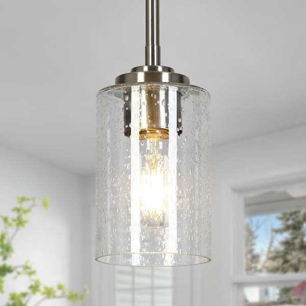 Modern 1-Light Silver Nickel Cylinder Mini Pendant Light with Seeded Glass Shade for Dining Room Kitchen
