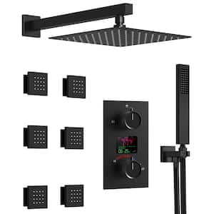 Pressure Balance Shower 3-Spray Wall Mount 12 in. Fixed and Handheld Shower Head 2.5 GPM in Matte Black Valve Included