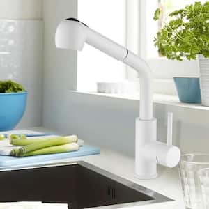 Single-Handle Deck Mount Pull Out Sprayer Kitchen Faucet with Deckplate Included in White