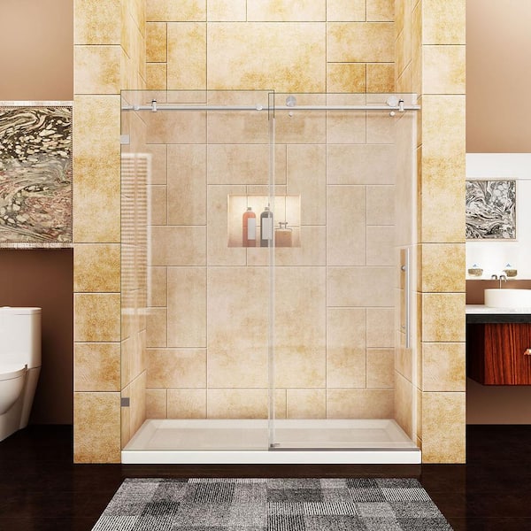 TOOLKISS 64 in. W x 72 in. H Sliding Frameless Shower Door/Enclosure in Nickel with Clear Glass