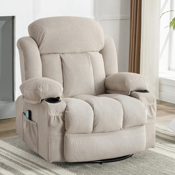 Beige Velvet Recliners Massage Heated Reclining for Elderly with USB and 2-Cup Holders