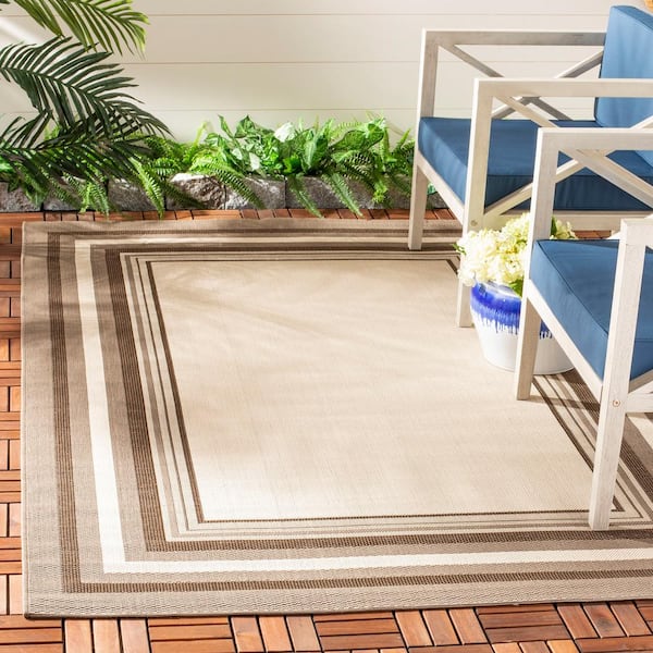 Courtyard Beige/Dark Beige 5 ft. x 8 ft. Border Indoor/Outdoor Patio  Area Rug