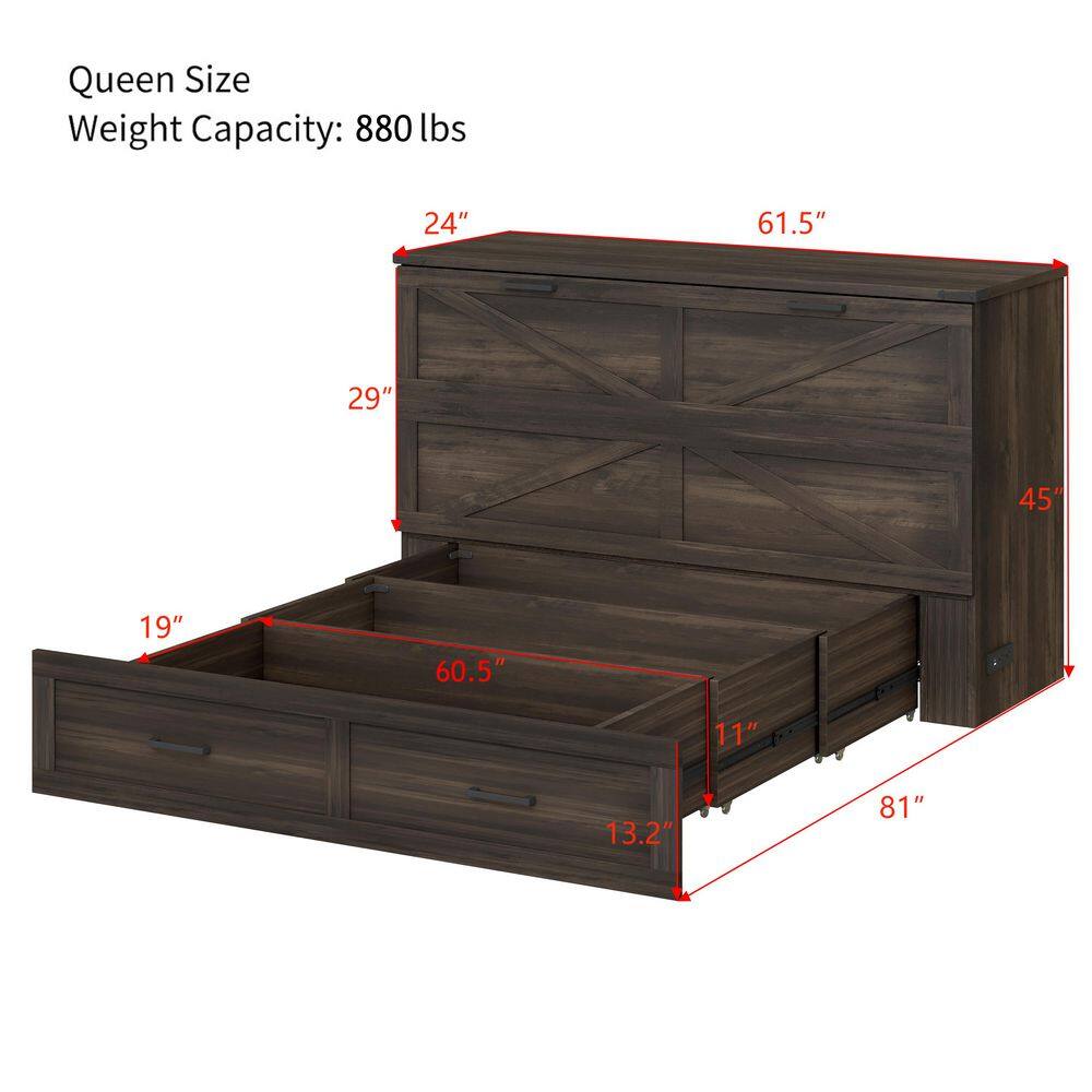 Rustic Gray Wood Frame Queen Farmhouse Murphy Bed with Charging Station, Foldable Cabinet Bed with Large Storage Drawer - thumbnail 2