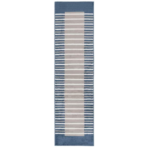 Pyramid 2 ft. x 8 ft. Gray/Ivory Navy Border Striped Solid Runner Rug