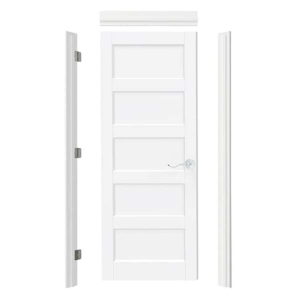 30 in. x 80 in. 5 Panel, Solid Core, White Primed Prehung Interior Door Left-Handed with Assemble Jamb & Handle