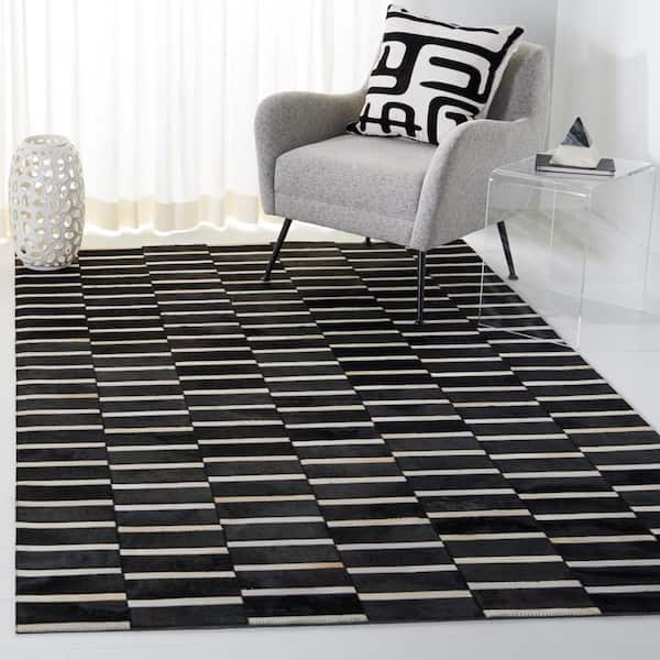Studio Leather Black Beige 8 ft. x 10 ft. Striped Area Rug