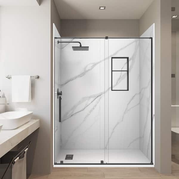 Calcutta Wh 36in. x 60in. x 84in. Combo Solid Composite Stone Alcove Shower Kit Matching Black Matte Door, Niche & Drain