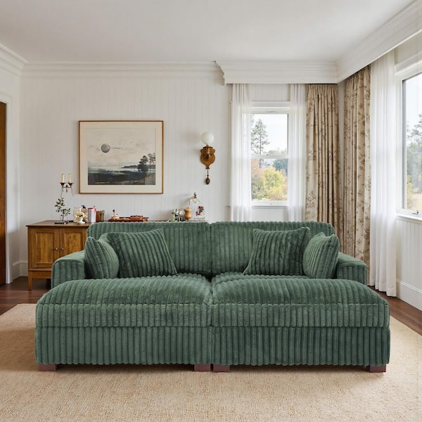 82.7 in. Modern Square Arm Faux Rabbit Fur Fabric Upholstered Sectional Sofa in Green With 2-Pillows
