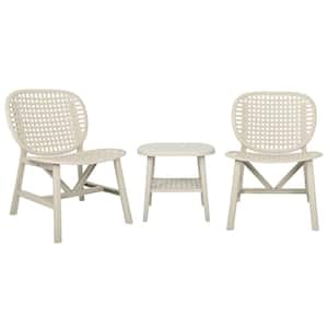 3 Piece White Polypropylene Outdoor Bistro Conversation Set with Open Shelf and Lounge Chairs with Widened Seat