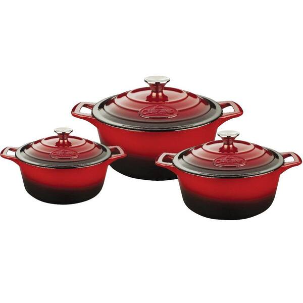 La Cuisine Cast Iron Round Casserole Set with Enamel Finish in Red (6-Piece)