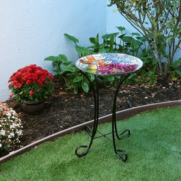 24 in. Tall Outdoor Floral Glass Birdbath Bowl with Metal Stand, Multicolor