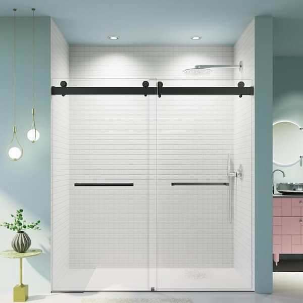 Lonni 56 in. - 60 in. W x 76 in. H Dual Sliding Frameless Soft-Close Shower Door in Black with (10 mm) Clear Glass