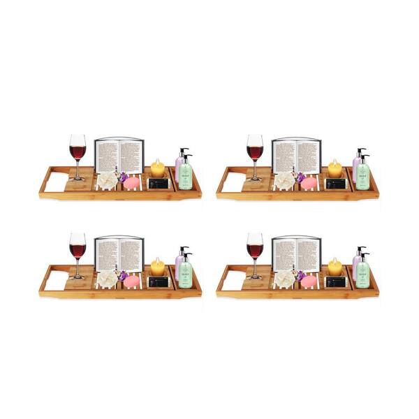 SereneLife Luxury Bamboo Bathtub Caddy Tray Organizer w/Wine Holder (4 Pack)