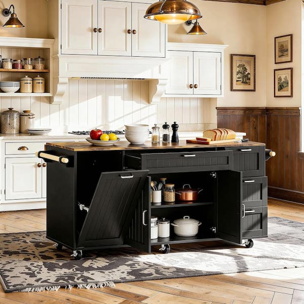 Oak and Black Wood Kitchen Cart w/ Drop-Leaf Countertop, Hidden Trash Bin, 4 Drawers and Cabinet, Mobile Kitchen Island