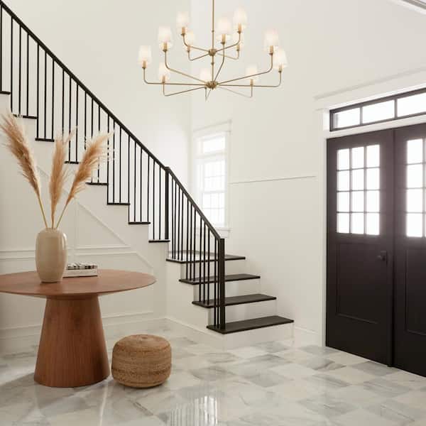 Pallas 42.75 in. 12-Light Brushed Natural Brass Traditional Shaded Tiered Chandelier for Dining Room