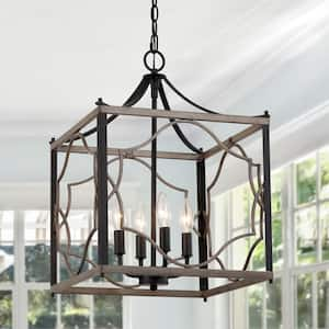 Farmhouse Black Candlestick 4-Light Chandelier Faux Wood Gain Square Cage Pendant Chandelier