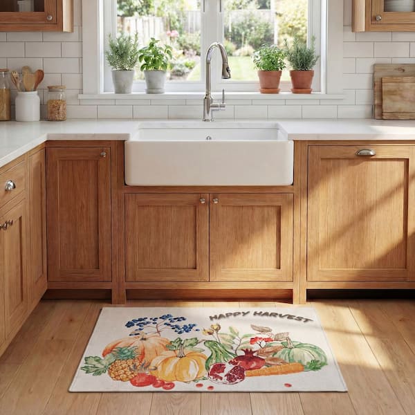 Door and Kitchen Mat Beige/Orange 2 ft. x 4 ft. Machine Washable Happy Harvest Area Rug