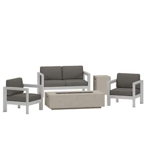 Aviara Silver 5-Piece Aluminum Patio Fire Pit Conversation Set with Khaki Cushions