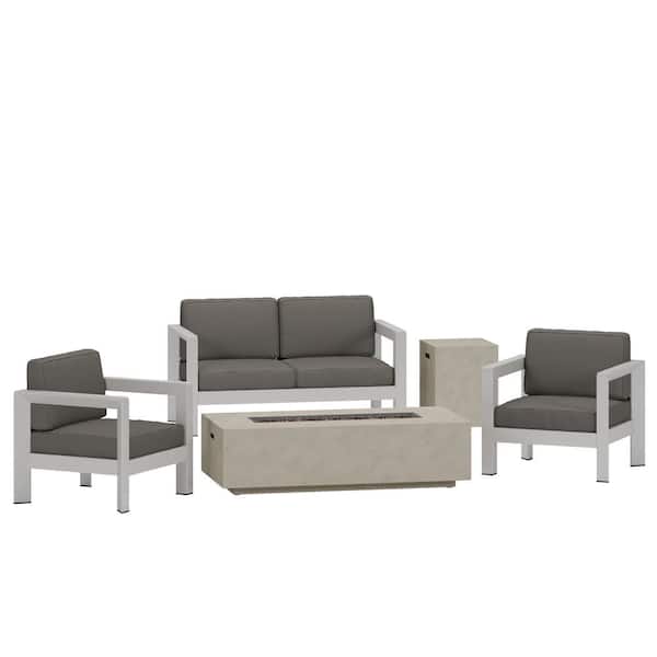 Noble House Aviara Silver 5-Piece Aluminum Patio Fire Pit Conversation Set with Khaki Cushions
