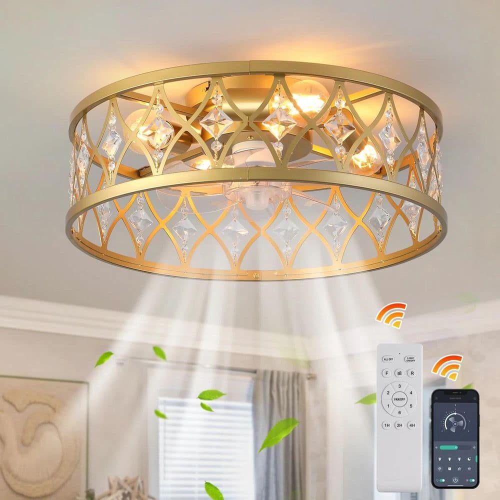 20 in. Indoor Gold Caged Modern Bladeless Crystal Flush Mount Ceiling Fan with Light Kit and Remote Included for Bedroom price history on PriceWatchPro