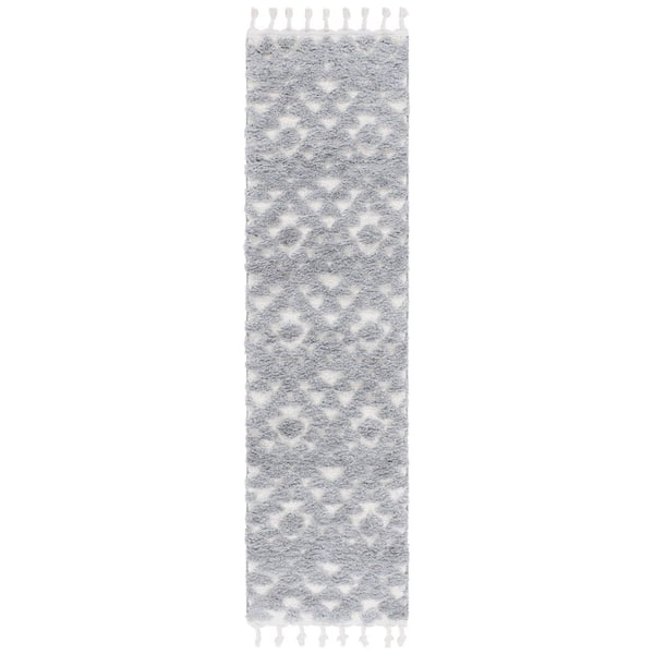 Moroccan Tassel Shag 2 ft. x 10 ft. Gray/Ivory High-Low Geometric Fringe Runner Rug