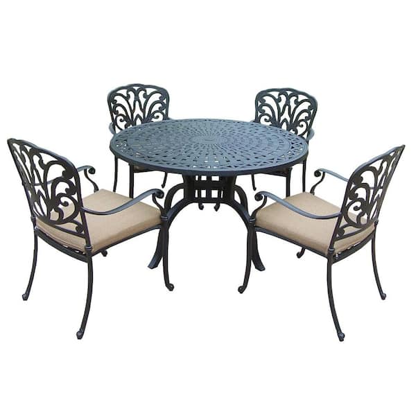 Oakland Living Cast Aluminum 5-Piece Round Patio Dining Set with SpunPoly Beige Cushions