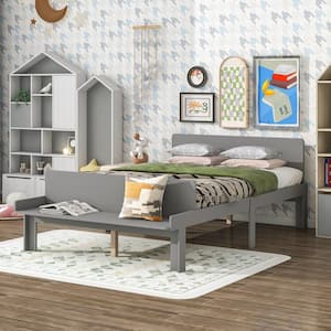 Modern Gray Wood Frame Full Size Platform Bed with Footboard Bench and Slat Support Legs