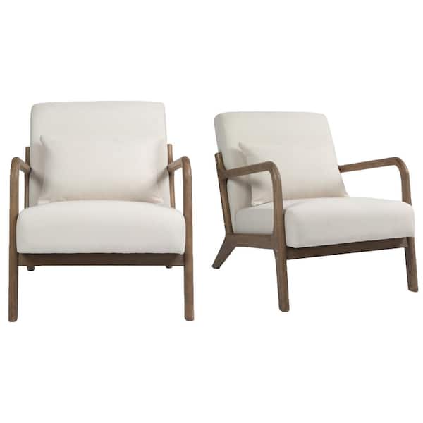 aisword Set of 2, Mid Century Modern Arm Chair with Wood Frame, Upholstered Living Room Chairs with Waist Cushion - White