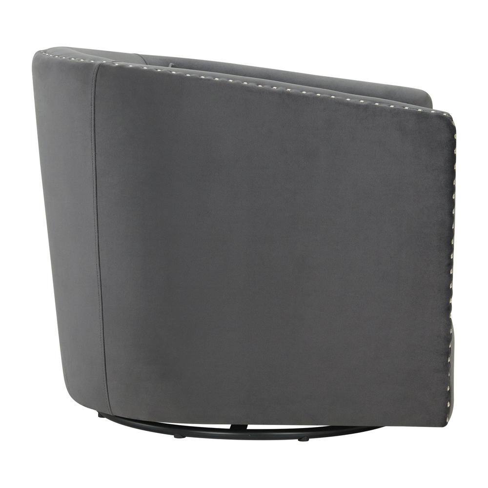 Gray Velvet Barrel Swivel Chair with Chrome Nail Head Trim