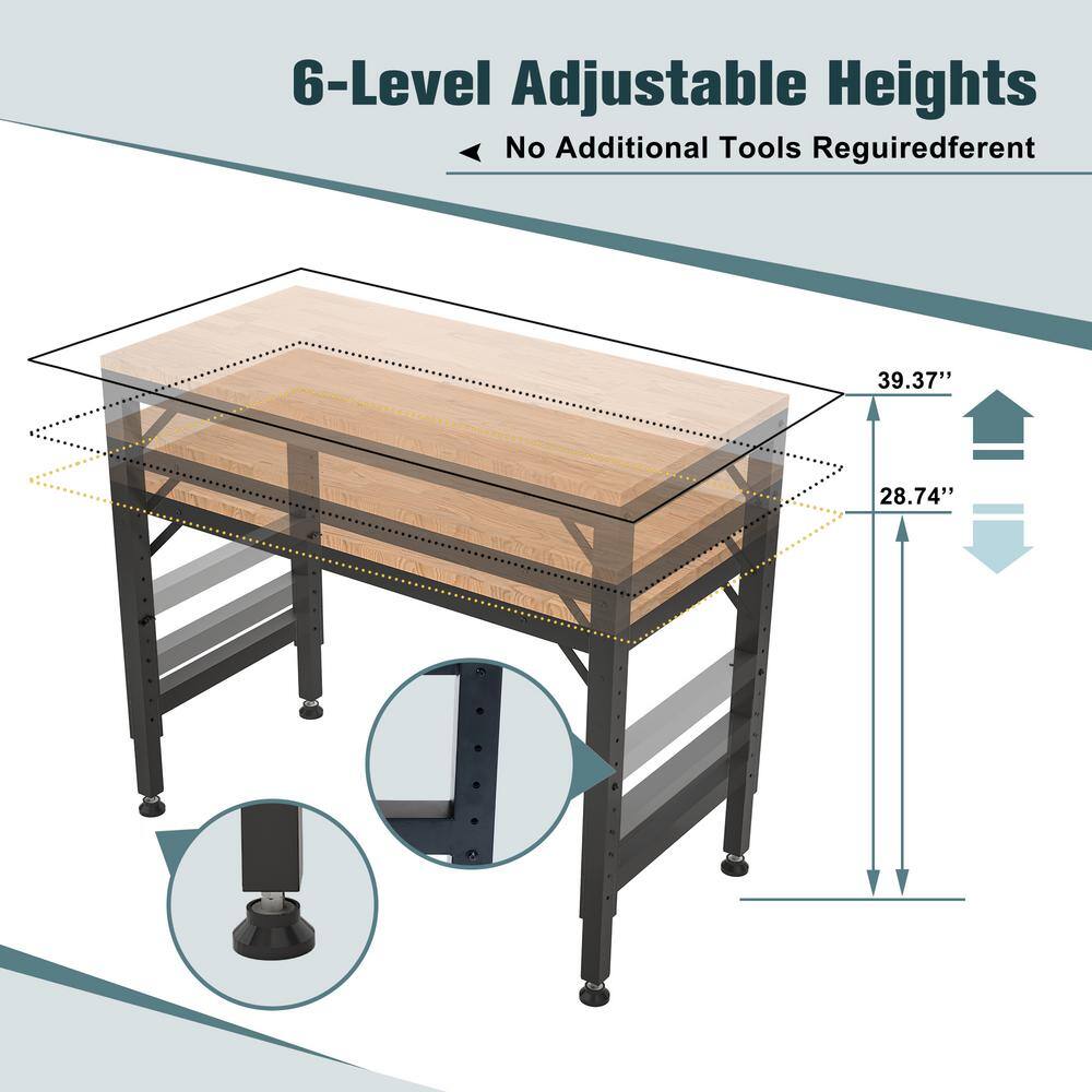 48" Adjustable Height Black Steel Workbench with Rubberwood Top
