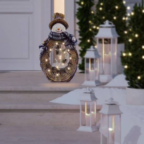 21 in. Tall Snowman Statue with Carved Wood Look and LED Lights