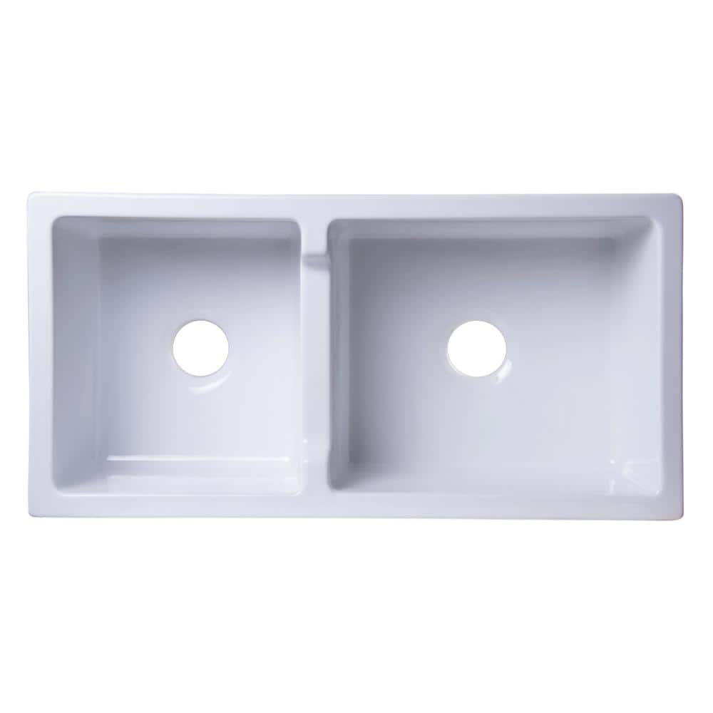 36'' White Fireclay Double Bowl Farmhouse Kitchen Sink