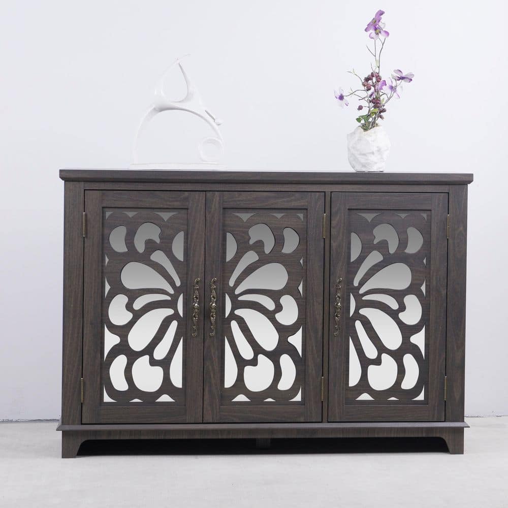 49.33 in. W Dark Brown MDF Sideboard Buffet with 3 Mirrored Doors Adjustable Shelves for Living Room, Kitchen