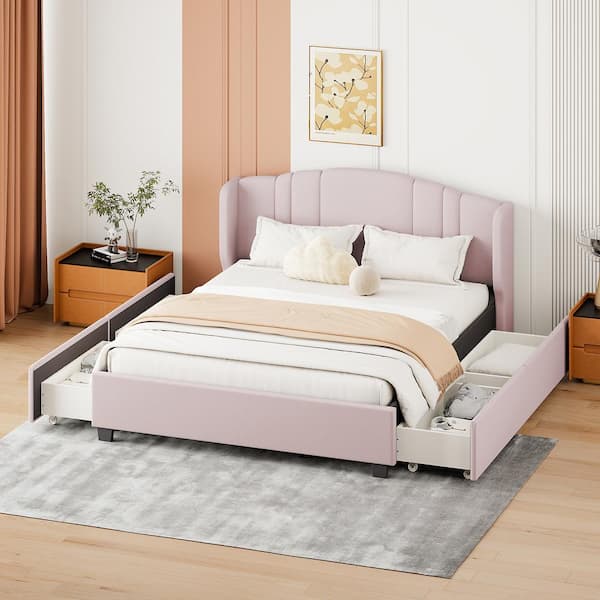 Harper & Bright Designs Pink Wood Frame Queen Size Linen Upholstered Platform Bed with Wingback Headboard and 4 Drawers