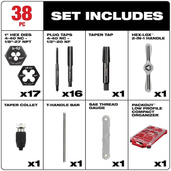 Milwaukee 49-22-5604 SAE Tap & Die PACKOUT Set w/ Hex-LOK 2-in-1 Handl