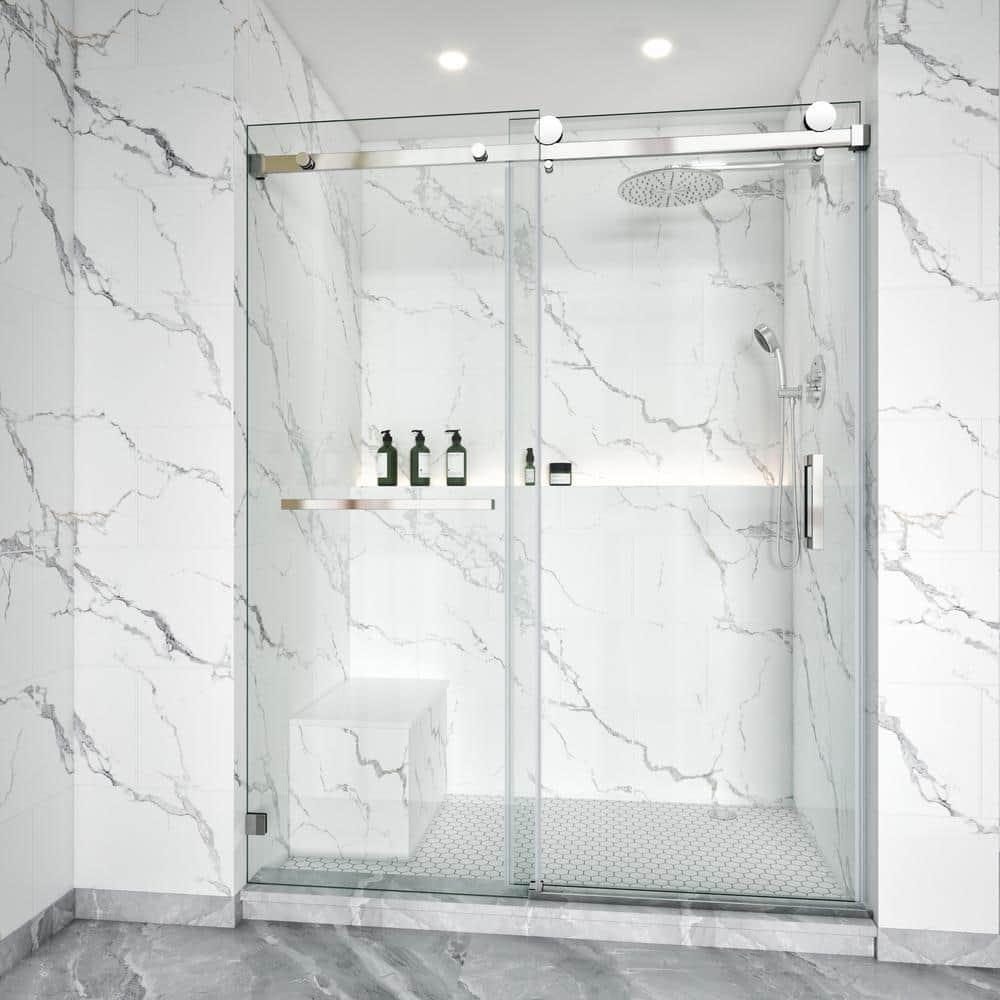 56-60 in. W x 76 in. H Single Sliding Frameless Shower Door Chrome 3/8 in. Clear Glass with Towel Bar price history on PriceWatchPro