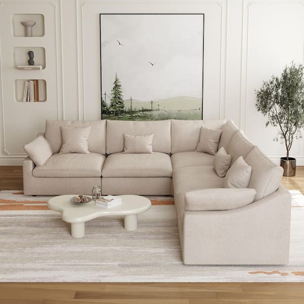 119.2 in. Square Arm 5-Piece Linen L-Shaped Down Feather Modular Free Combination Sectional Sofa in Brown