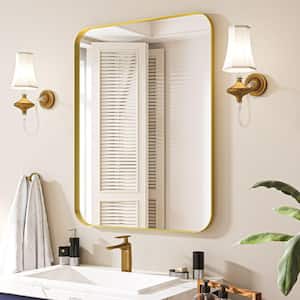 28 in. W x 36 in. H Rectangular Aluminum Framed Wall Bathroom Vanity Mirror in Gold