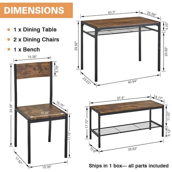 43.3 in. Brown Dining Table Set for 4 w/ Bench & 2-Chairs Modern Rectangular Metal Frame Kitchen Table for Small Spaces