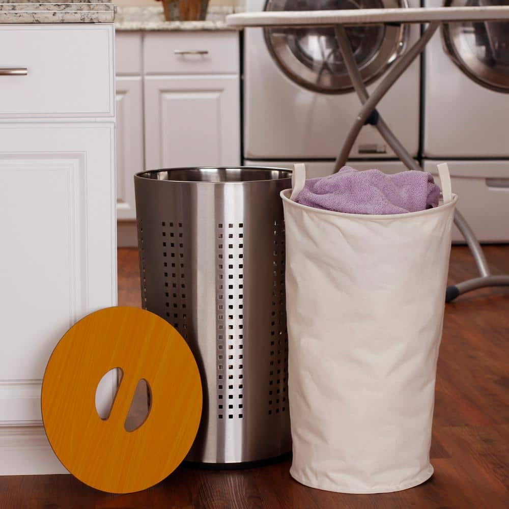 Round Silver Stainless Steel Laundry Hamper with Wooden Lid