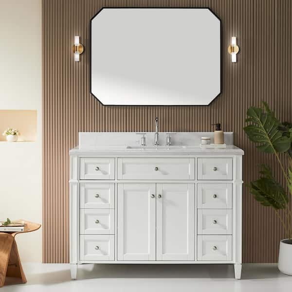 48 in. Solid Wood Double Sink White Bath Vanity with White Carrara Marble Top, Soft Close Doors, Drawers, Assembled