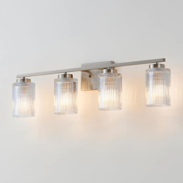 KAWOTI 30 in. 4-Light Brushed Nickel Vanity Light with Clear Ribbed Glass Shades