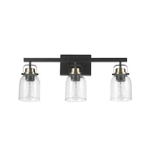 Rockhampton 24 in. 3-Light Matte Black Vanity Light with Matte Brass Accent and Seeded Glass Shades
