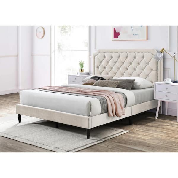 Dwell Home Inc Ava Beige Velvet Upholstered Frame, King Platform Bed with  Clipped-Edges, Button Tufts and Nailhead Trim BD-AVA-K-CFF725 - The Home  Depot