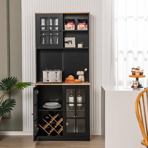 Tall Kitchen Pantry Cabinet with Dual Tempered Glass Doors and Shelves -  Costway