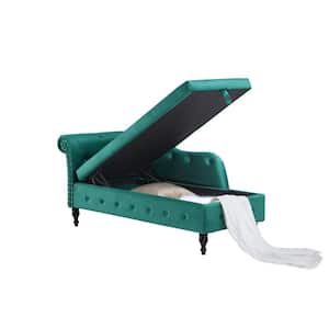 60" W Green Velvet Storage Chaise Lounge with 1 Pillow