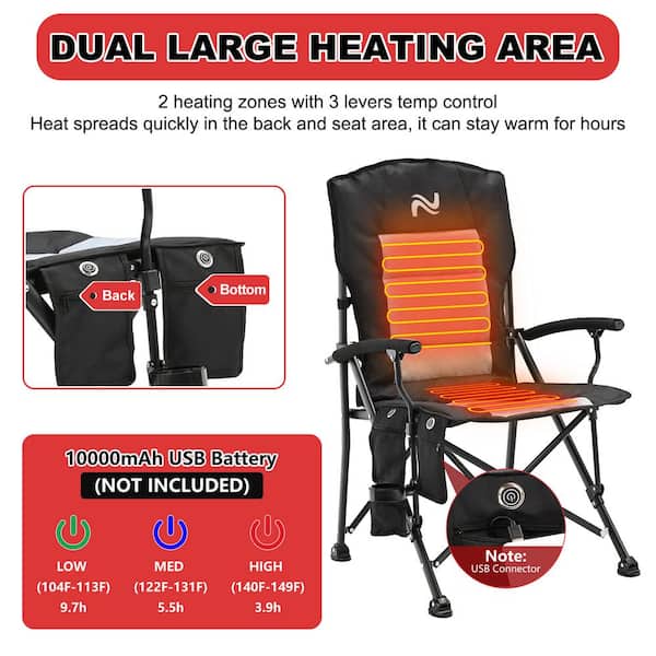 Outdoor Heated Folding Camping Chair 3 Heat Levels Portable Folding Chair with Carry Bag, Cupholder and Side Pockets